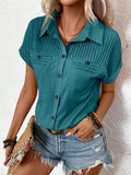 Pintuck Pleat Collared Short Sleeve Shirt - Lakeblue