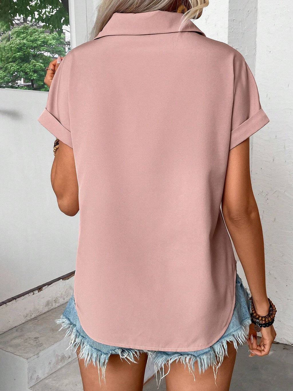 Pintuck Pleat Collared Short Sleeve Shirt - Pink - 1