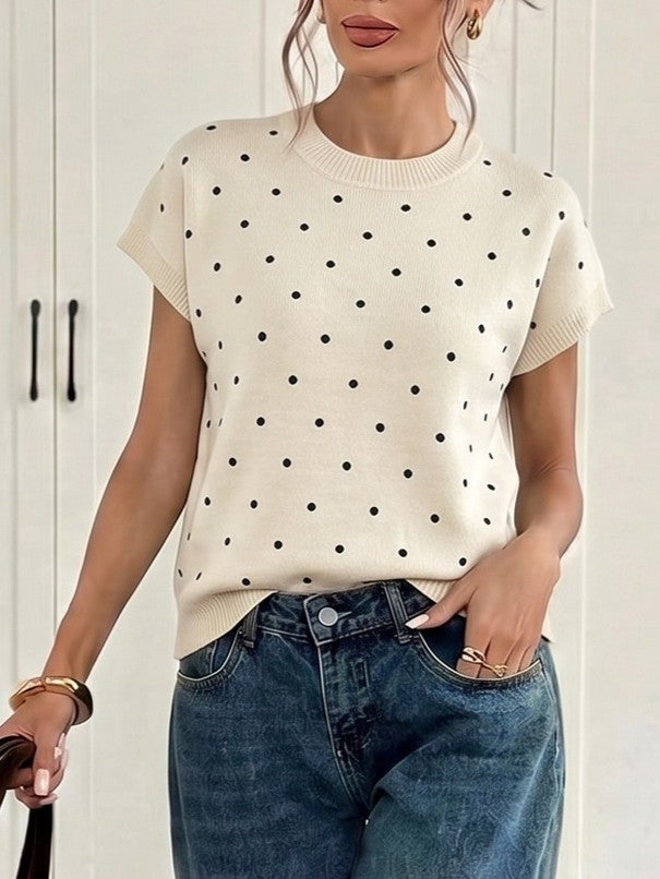 Apricot Polka Dot Cap Sleeve Boxy Knit Sweater - Apricot
