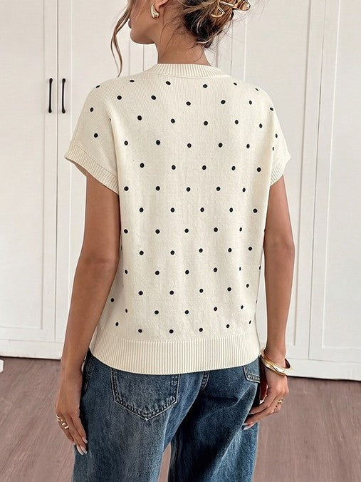 Apricot Polka Dot Cap Sleeve Boxy Knit Sweater - Apricot - 2