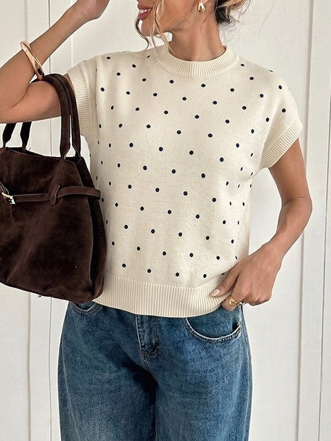 Apricot Polka Dot Cap Sleeve Boxy Knit Sweater - Apricot - 3