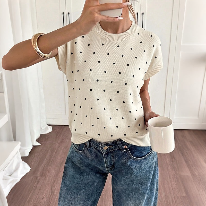 Apricot Polka Dot Cap Sleeve Boxy Knit Sweater - Apricot - 4