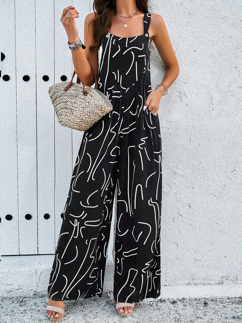 Abstract Print Wide Leg Overall Jumpsuit - Black