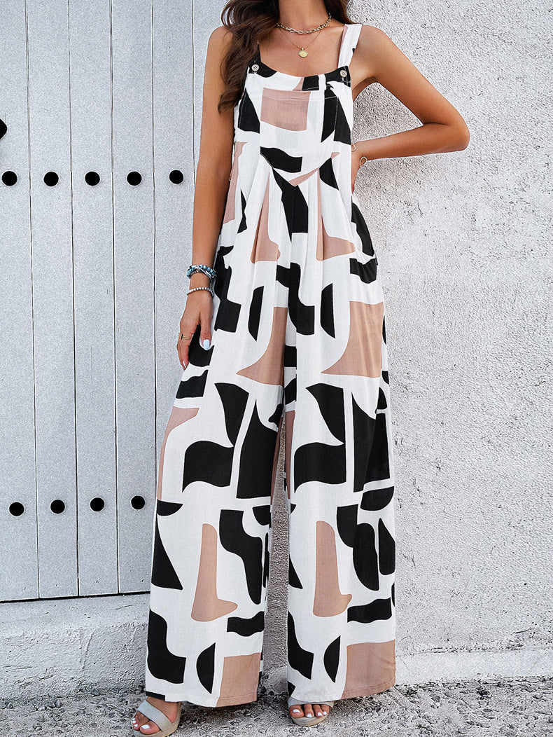 Abstract Print Wide Leg Overall Jumpsuit