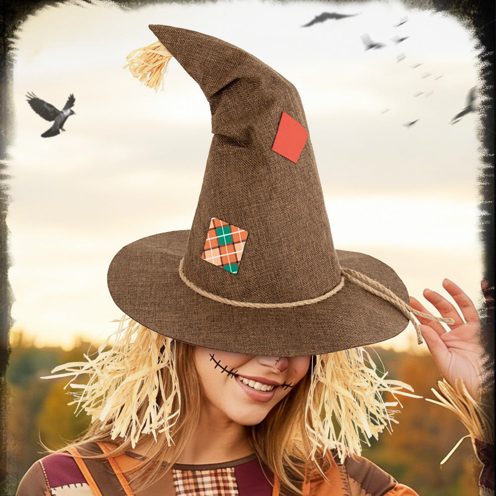 Straw Fringe Scarecrow Hat With Patch Trim - Brown