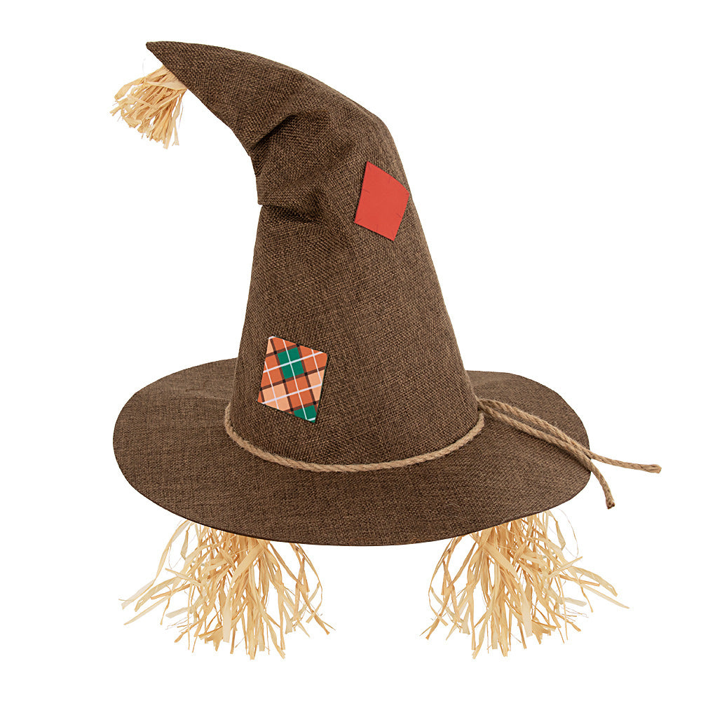 Straw Fringe Scarecrow Hat With Patch Trim - Brown - 1