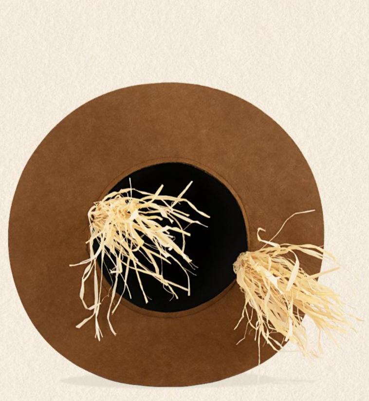Straw Fringe Scarecrow Hat With Patch Trim - Brown - 2