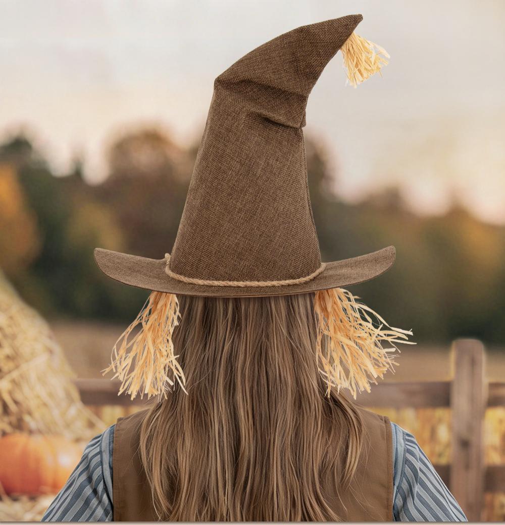 Straw Fringe Scarecrow Hat With Patch Trim - Brown - 3