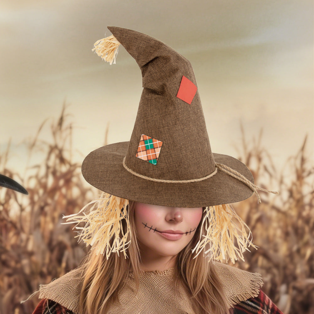Straw Fringe Scarecrow Hat With Patch Trim - Brown - 5