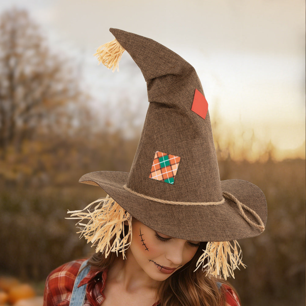 Straw Fringe Scarecrow Hat With Patch Trim - Brown - 6