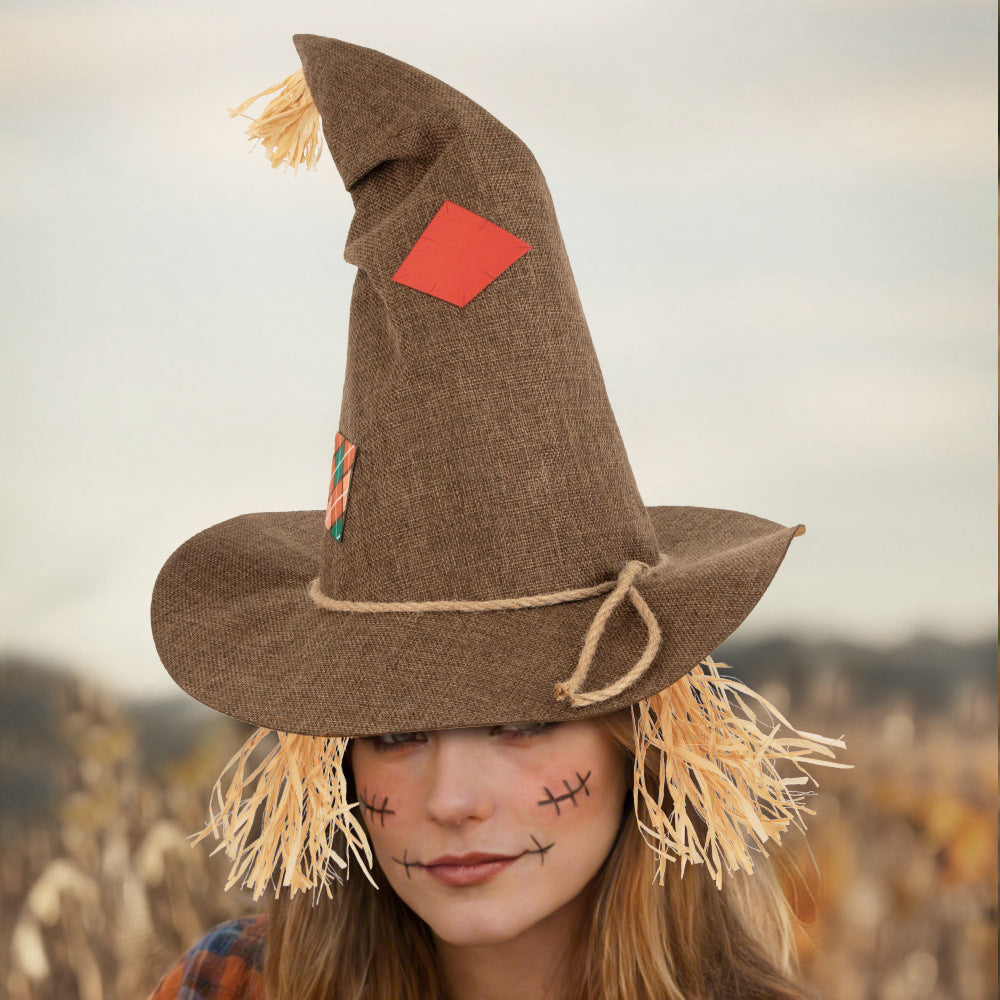 Straw Fringe Scarecrow Hat With Patch Trim - Brown - 7