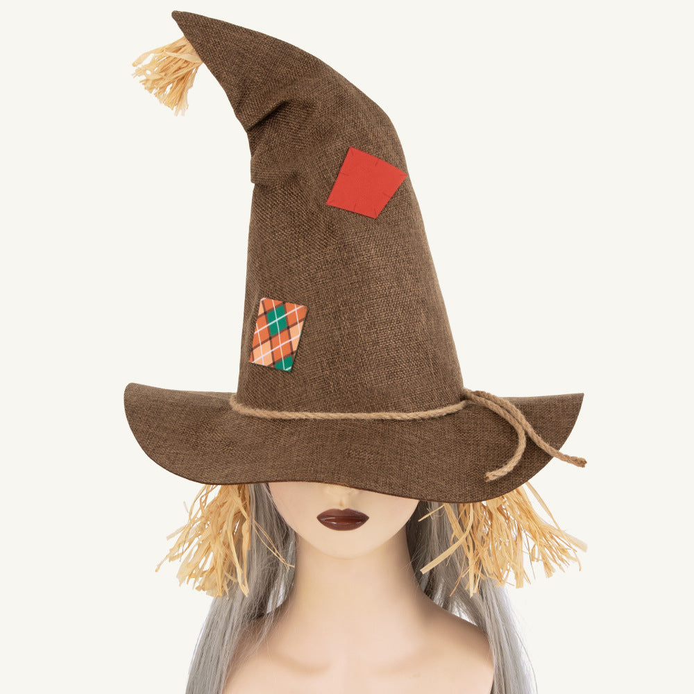 Straw Fringe Scarecrow Hat With Patch Trim - Brown - 8