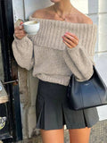 Fold Over Bardot Neck Chunky Jumper - Taupe