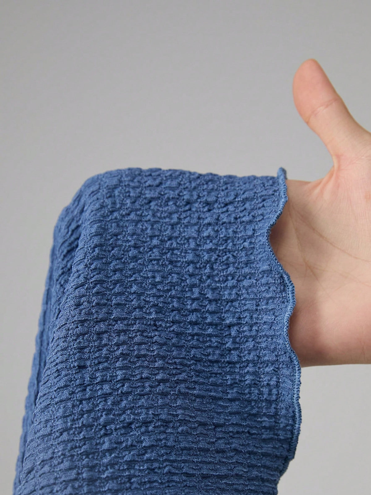 Waffle Knit Bell Sleeve Collared Top - Blue - 1