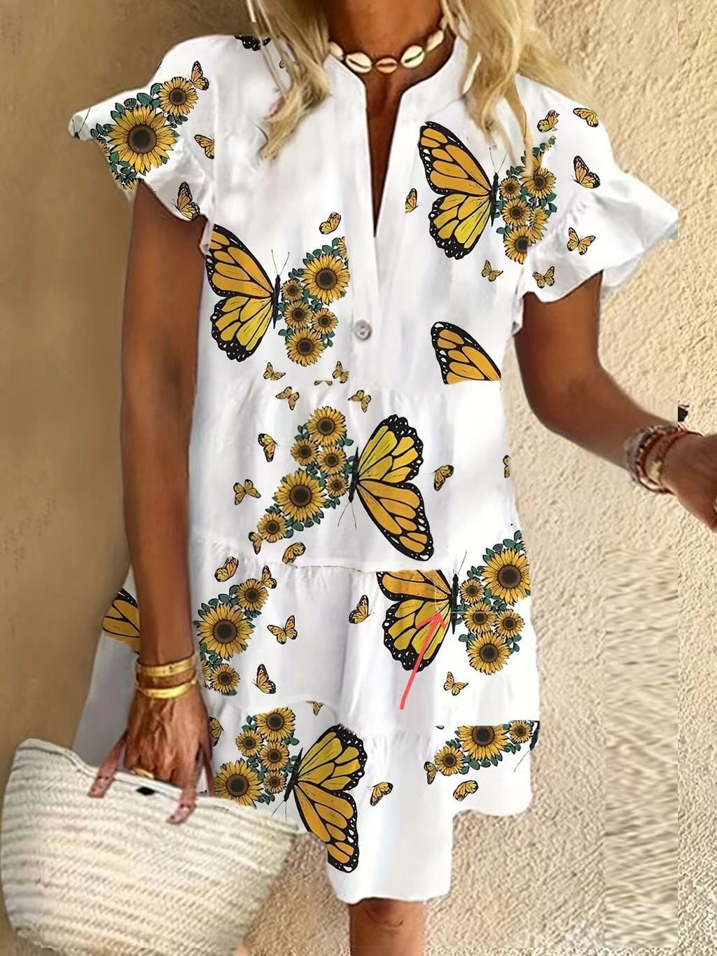 Flutter Sleeve Notch Neck Tiered Mini Dress - Butterfly