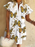 Flutter Sleeve Notch Neck Tiered Mini Dress - Butterfly