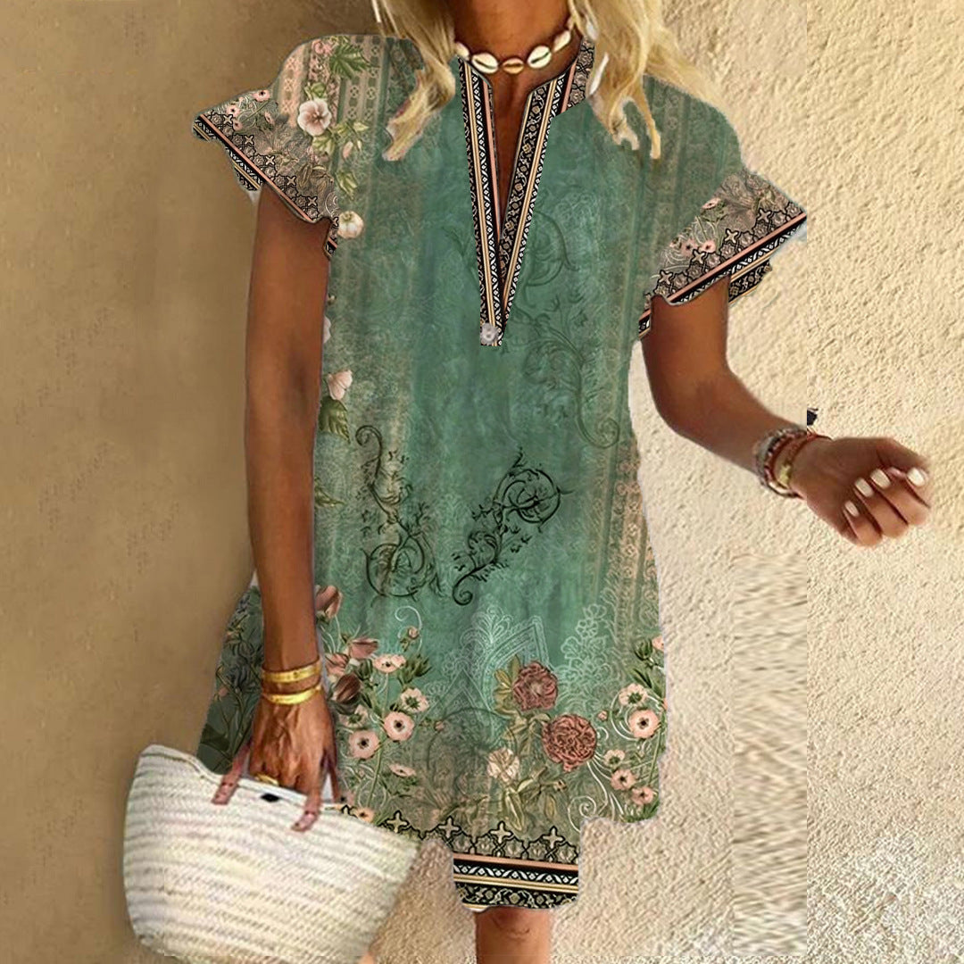 Flutter Sleeve Notch Neck Tiered Mini Dress - Green