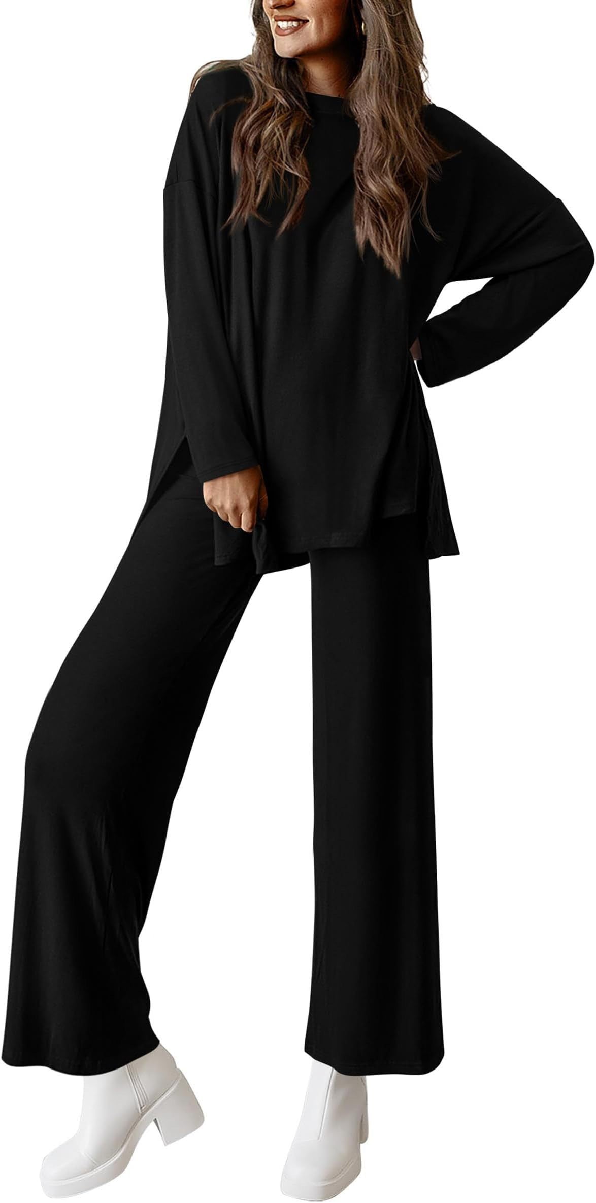 Ribbed Slit Hem Top and Wide Leg Pants Set - Black