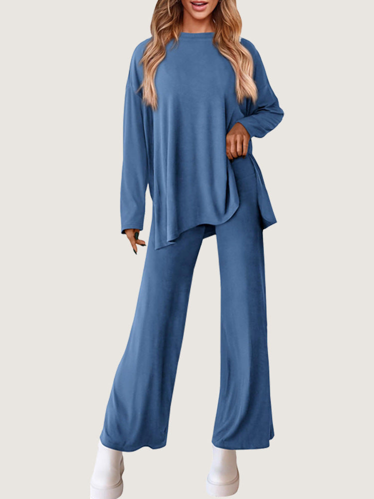 Ribbed Slit Hem Top and Wide Leg Pants Set - Blue