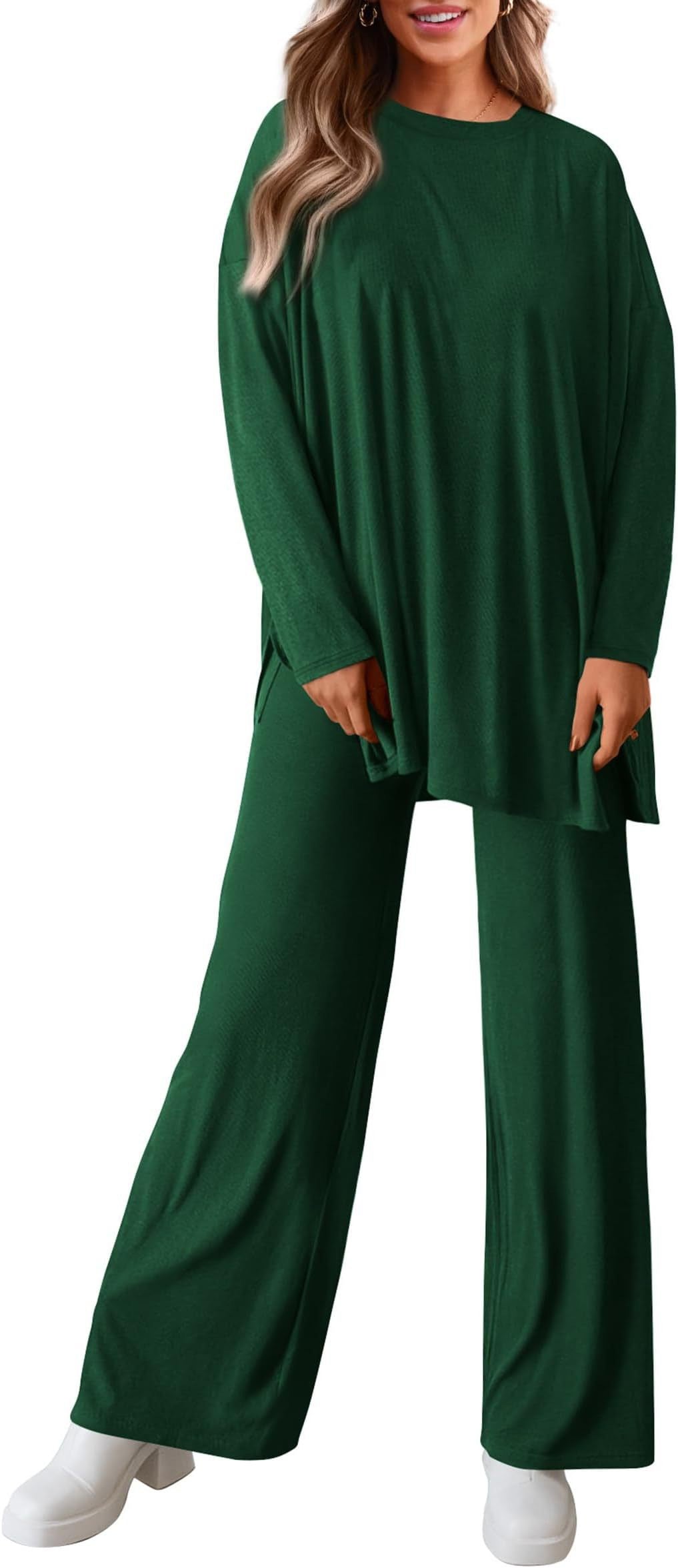 Ribbed Slit Hem Top and Wide Leg Pants Set - Green