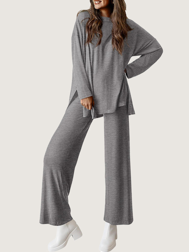 Ribbed Slit Hem Top and Wide Leg Pants Set - Grey