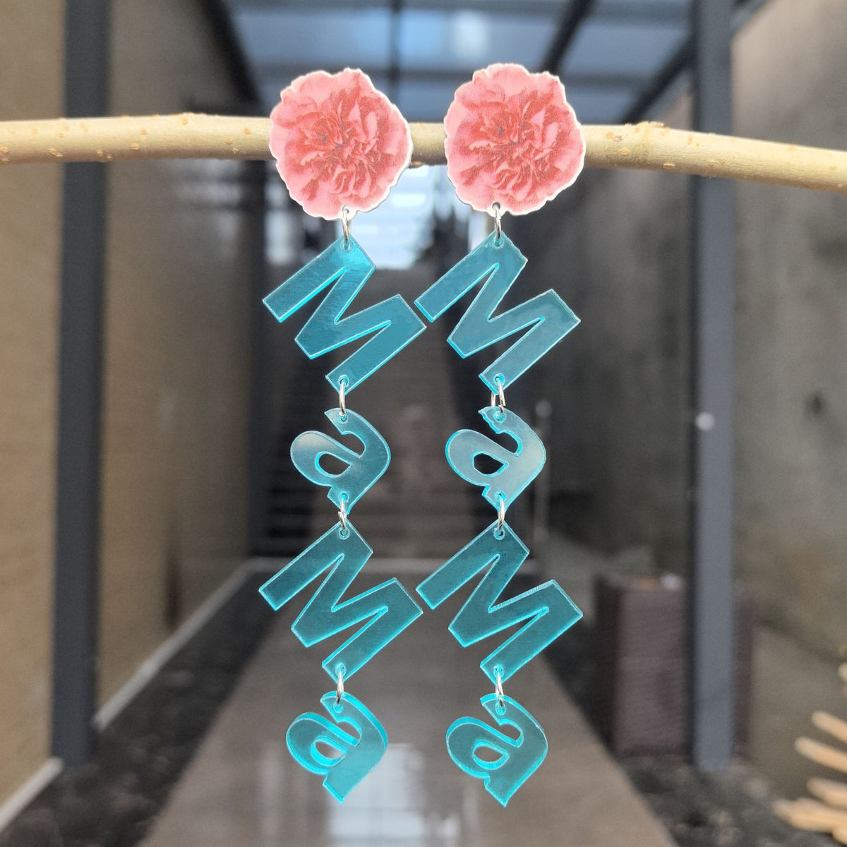Mama Script Flower Dangle Earrings - Blue