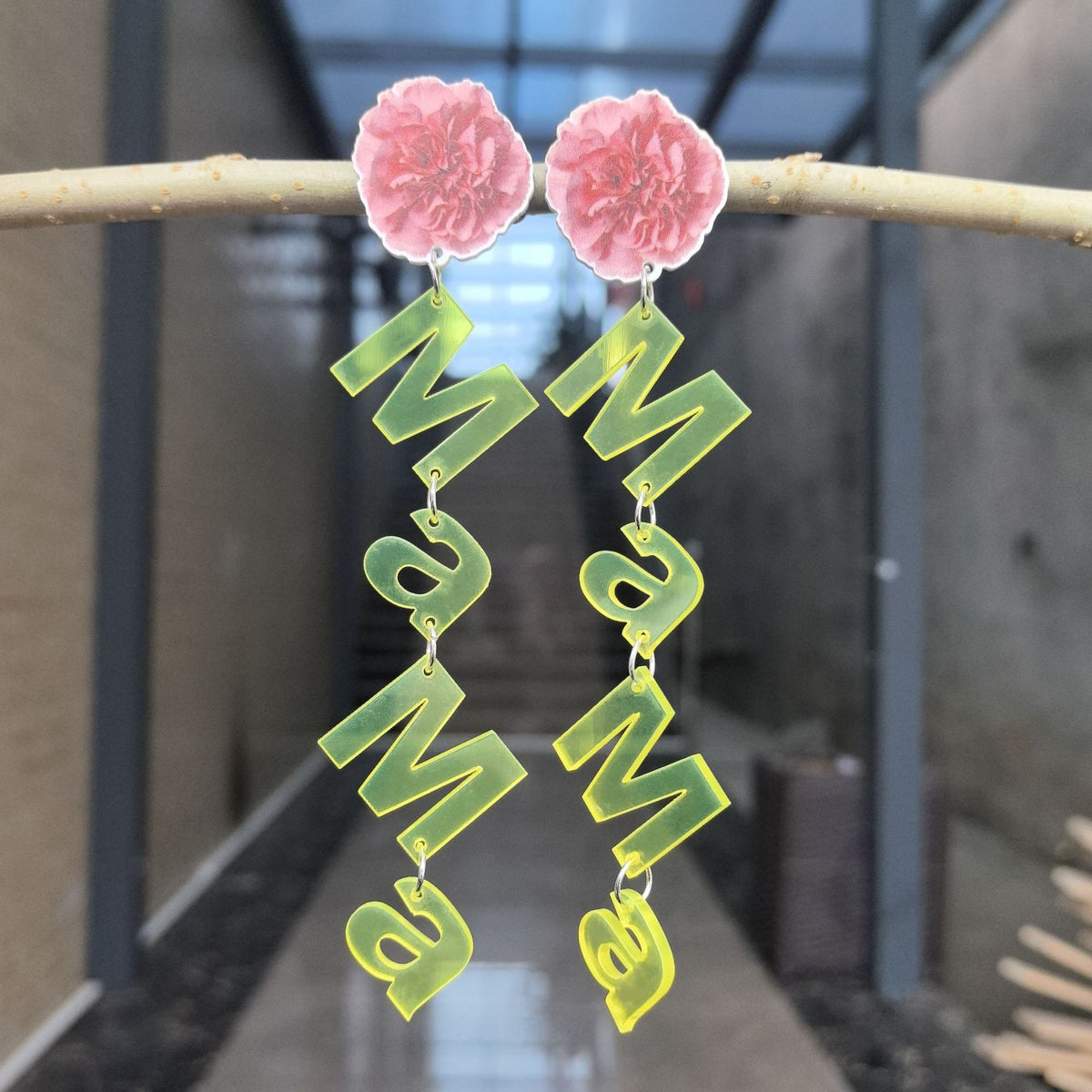 Mama Script Flower Dangle Earrings - Yellow