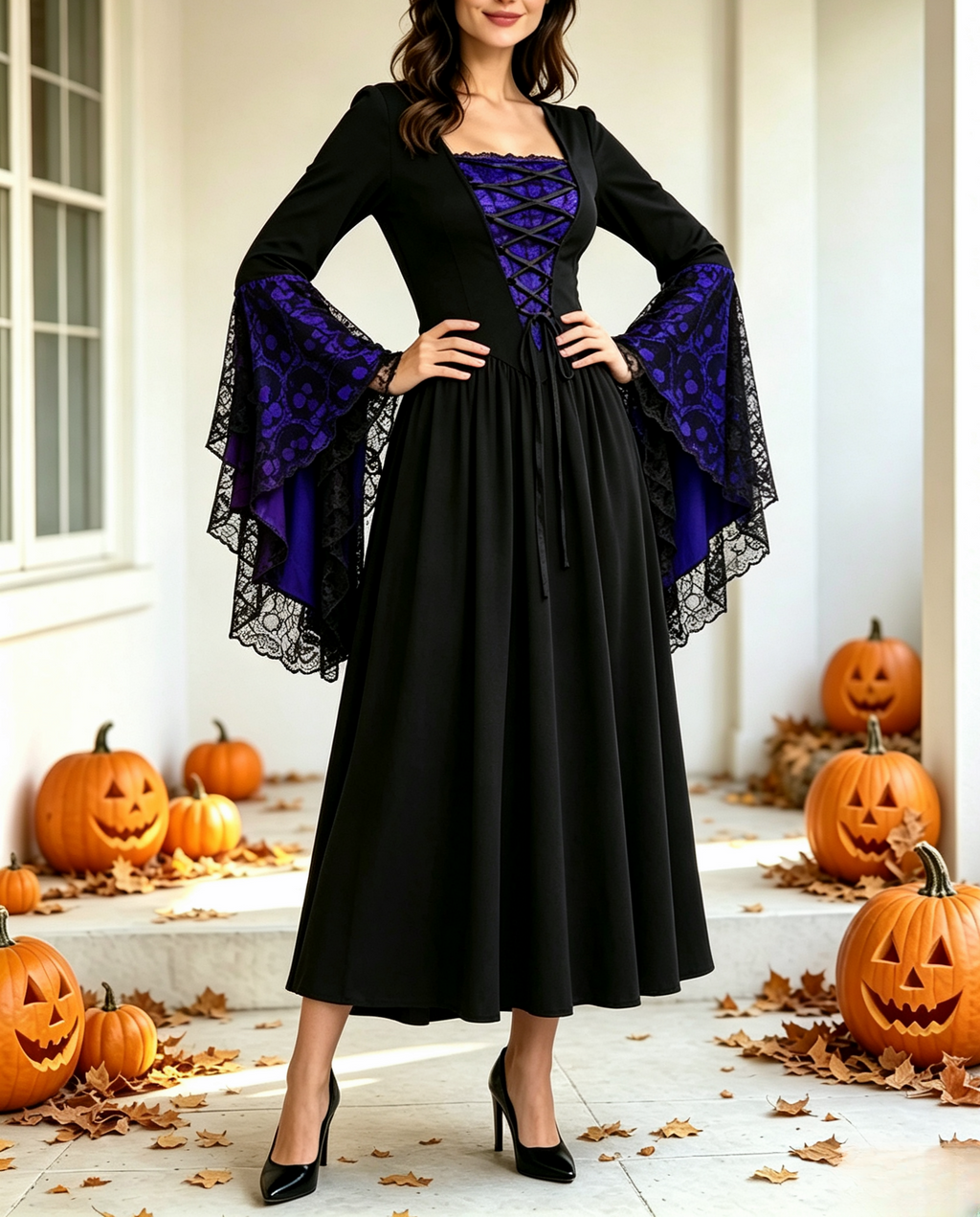 Layered Lace Bell Sleeve Corset Maxi Dress - BBlack - 2