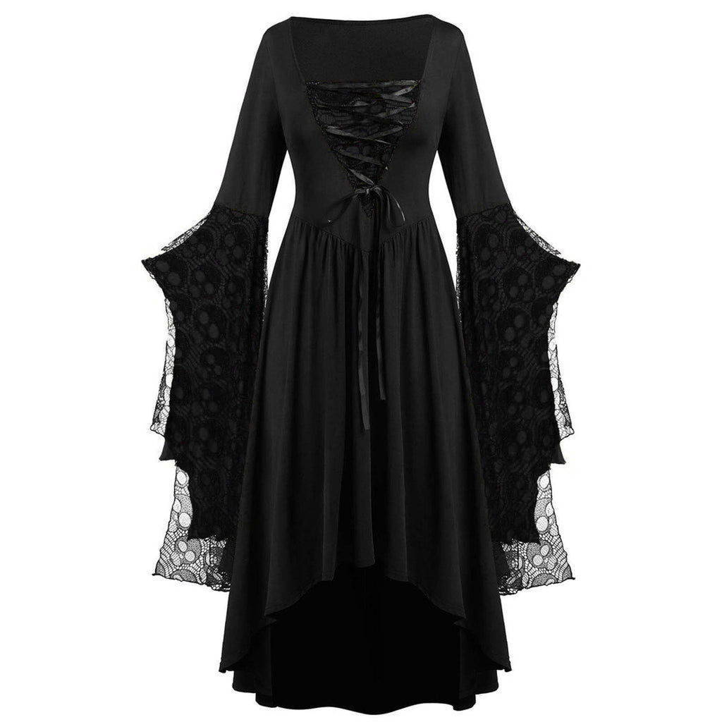 Layered Lace Bell Sleeve Corset Maxi Dress - Black