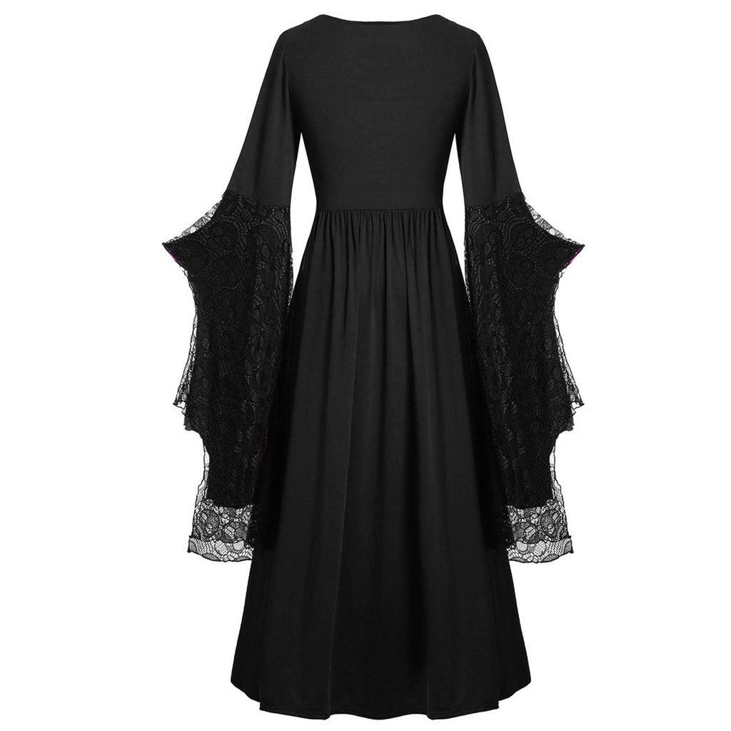 Layered Lace Bell Sleeve Corset Maxi Dress - Black - 1