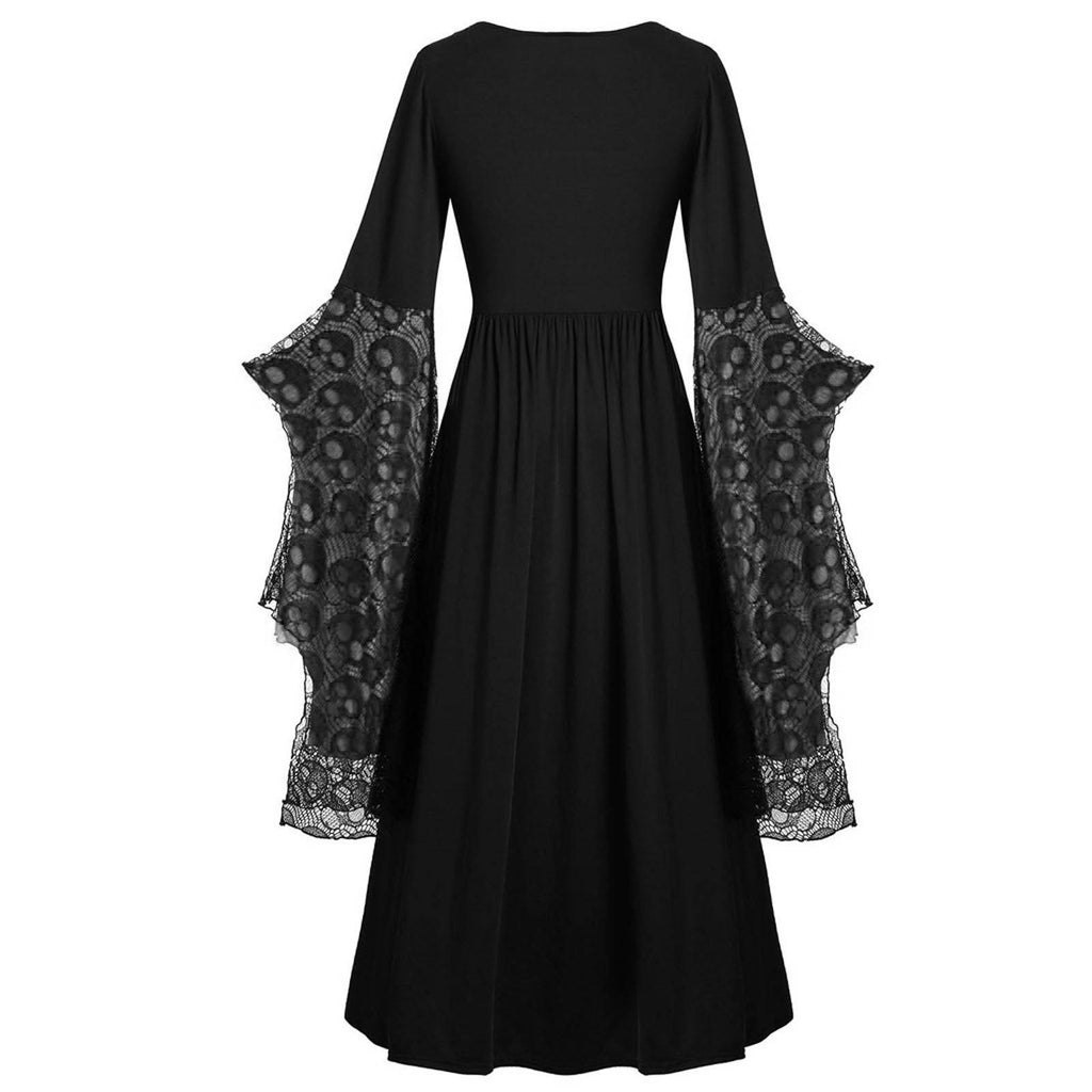 Layered Lace Bell Sleeve Corset Maxi Dress - HBlack - 1