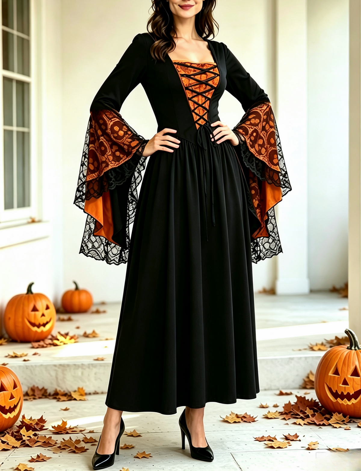 Layered Lace Bell Sleeve Corset Maxi Dress - OBlack