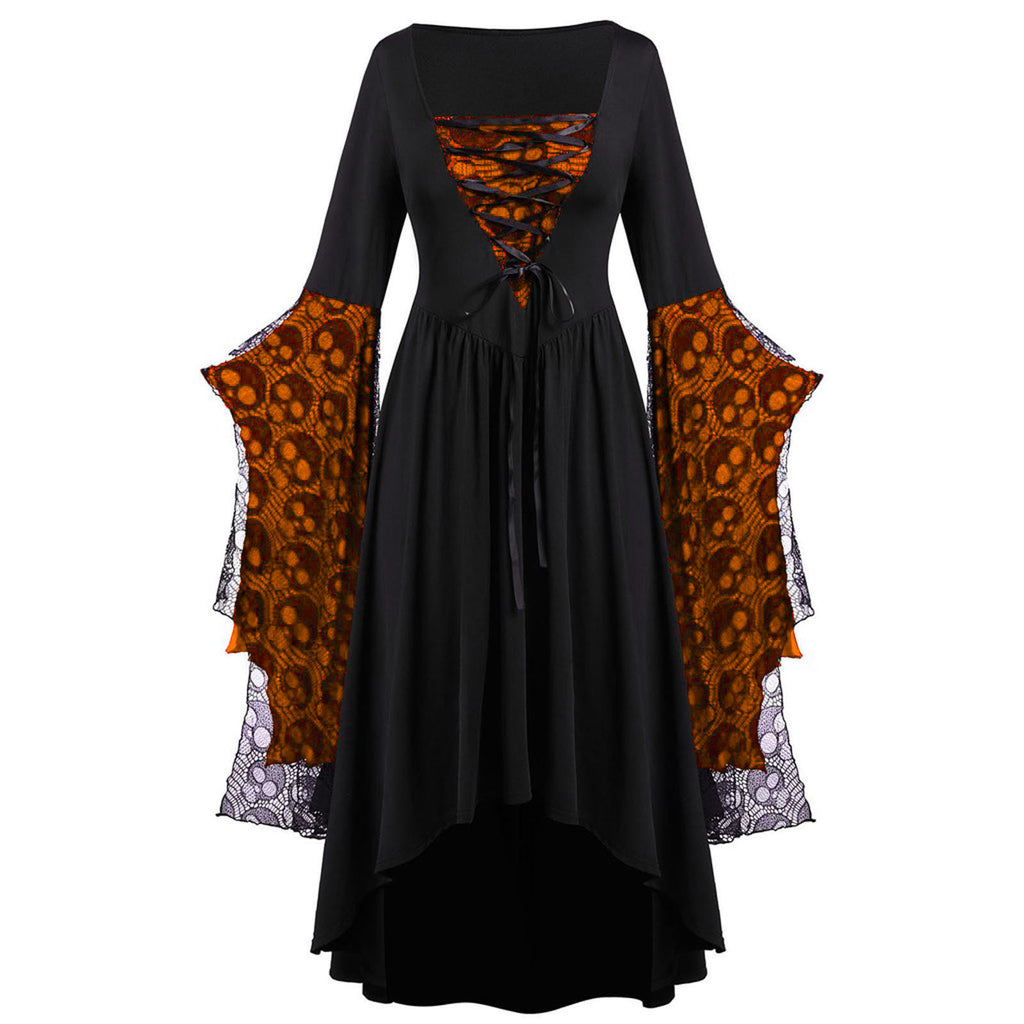 Layered Lace Bell Sleeve Corset Maxi Dress - OBlack - 1
