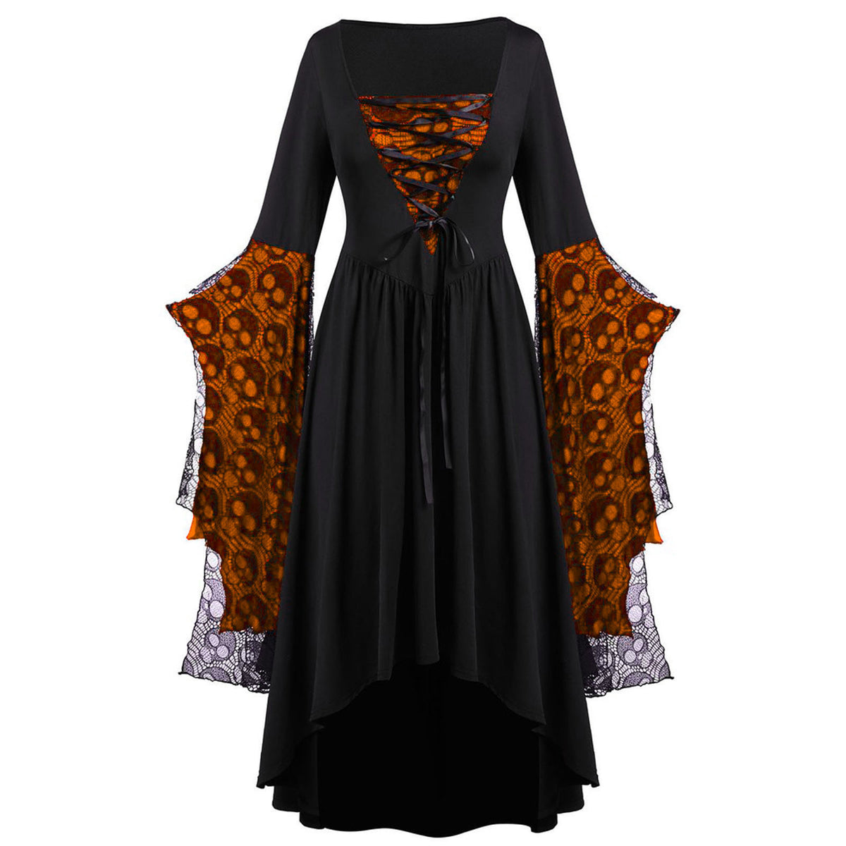 Layered Lace Bell Sleeve Corset Maxi Dress - OBlack - 1