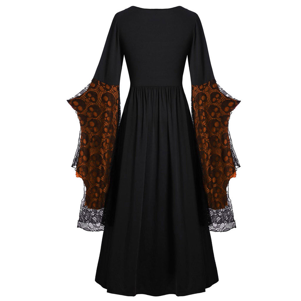 Layered Lace Bell Sleeve Corset Maxi Dress - OBlack - 2