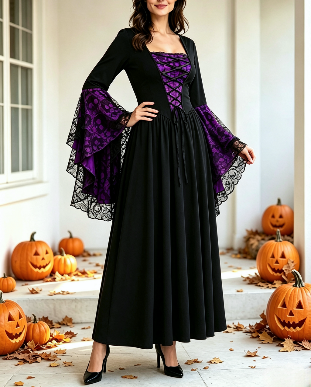 Layered Lace Bell Sleeve Corset Maxi Dress - PBlack - 2