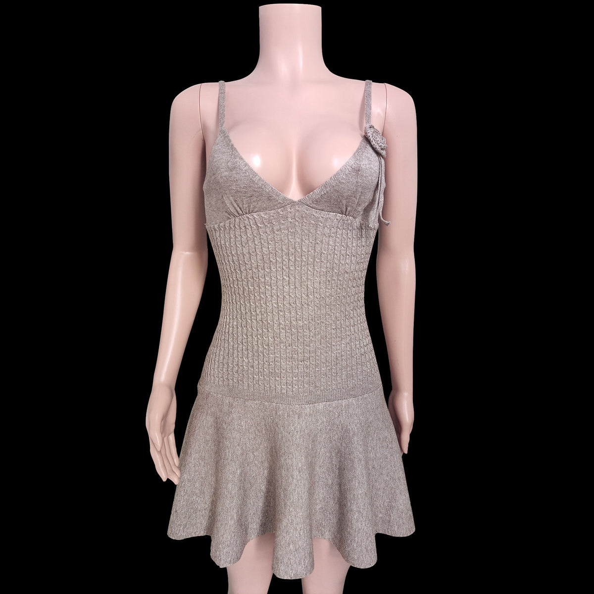 Rosette Strap Knit Cami Mini Dress - Grey - 2