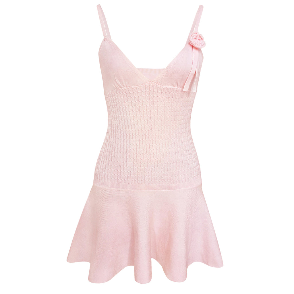 Rosette Strap Knit Cami Mini Dress - Pink