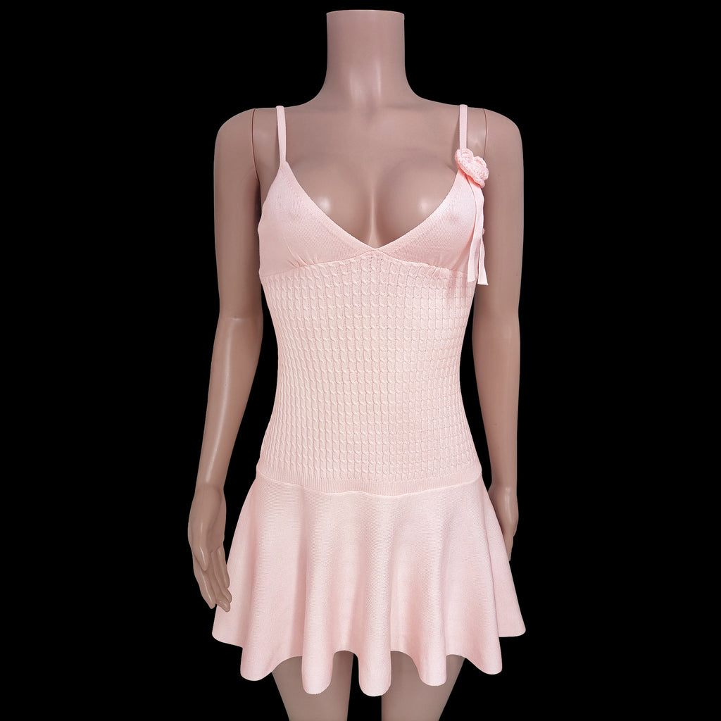 Rosette Strap Knit Cami Mini Dress - Pink - 2