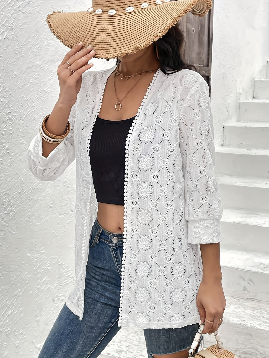 Open Front Crochet Lace Longline Cardigan - White