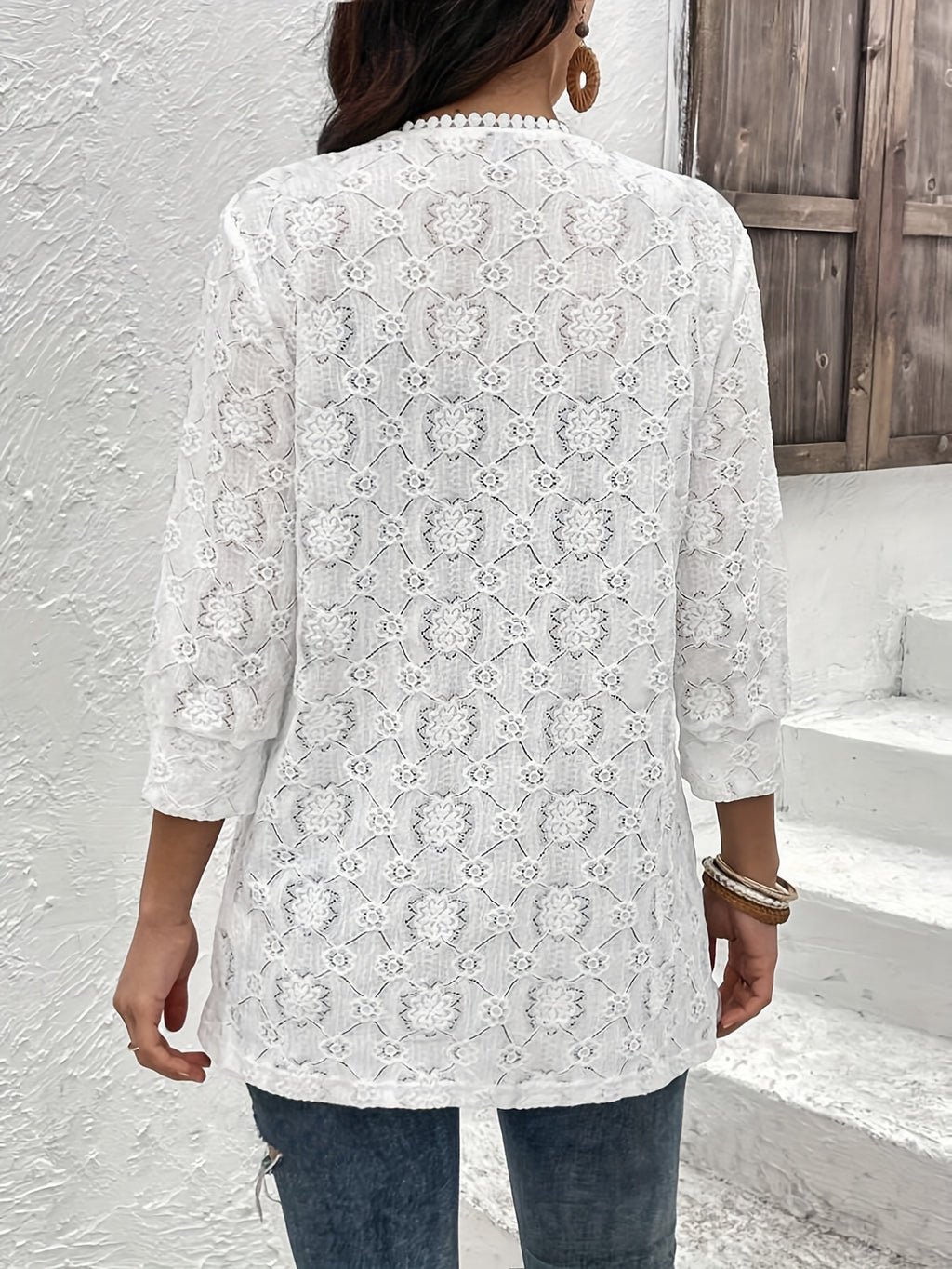 Open Front Crochet Lace Longline Cardigan - White - 1