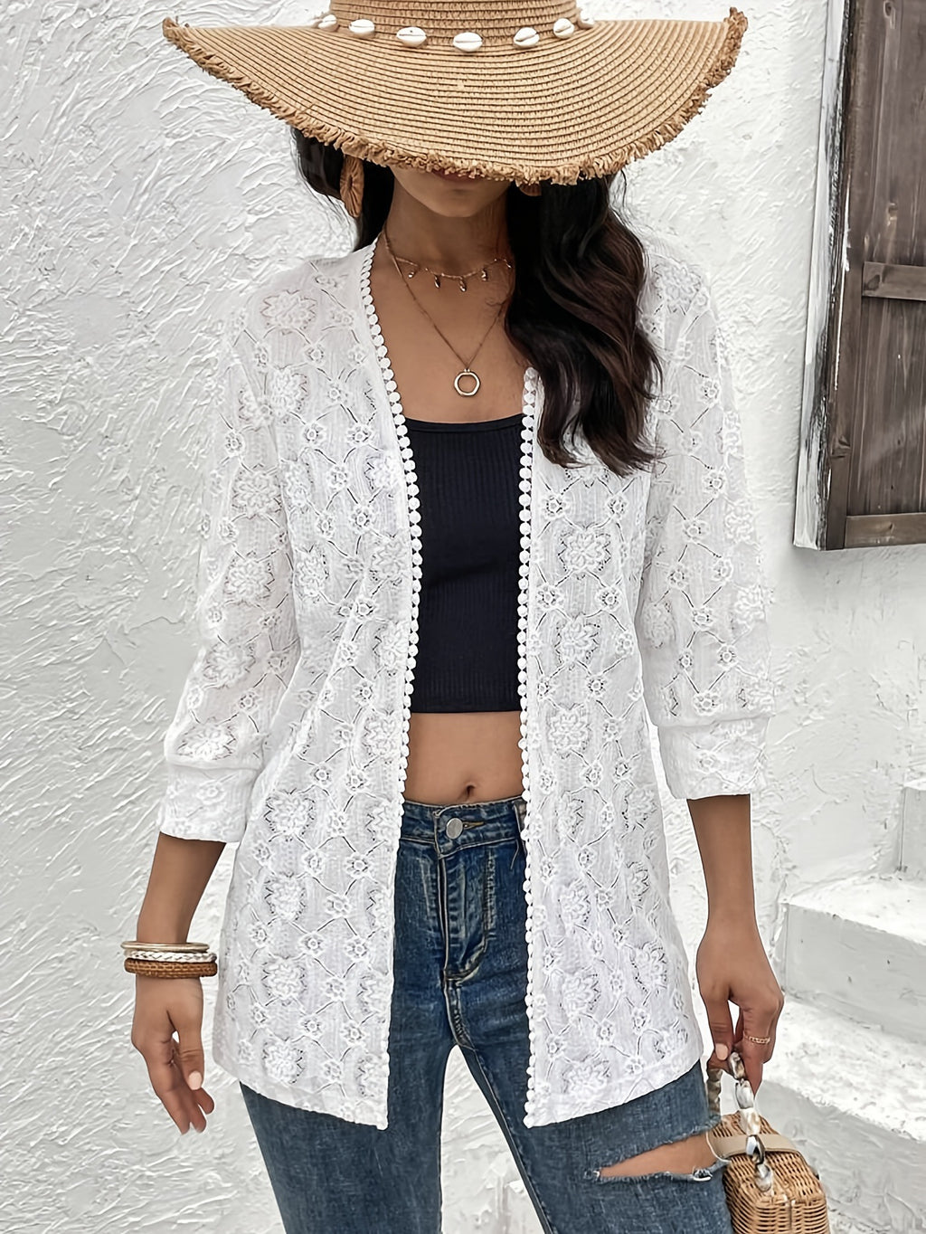 Open Front Crochet Lace Longline Cardigan - White - 2