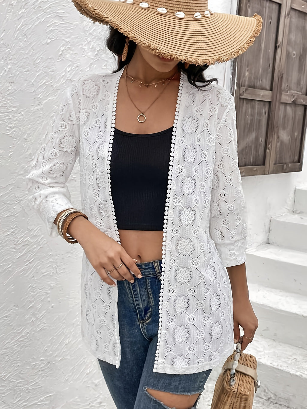 Open Front Crochet Lace Longline Cardigan - White - 3