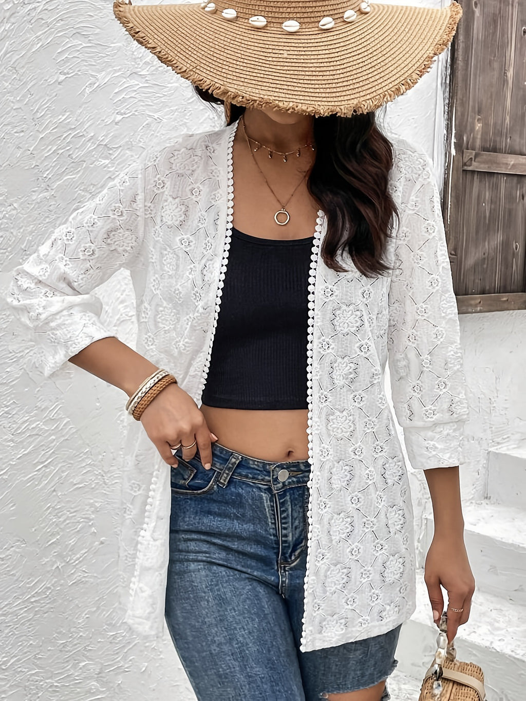 Open Front Crochet Lace Longline Cardigan