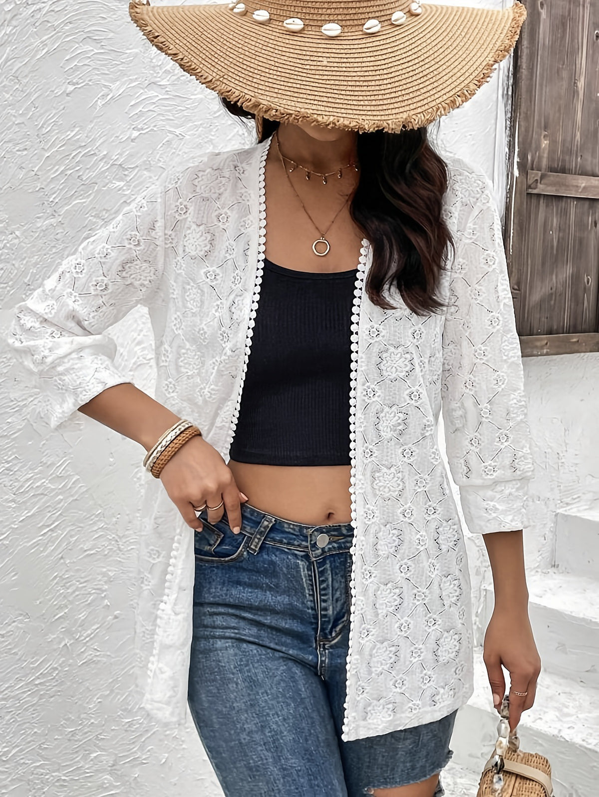 Open Front Crochet Lace Longline Cardigan