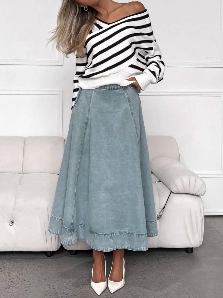 Denim High Waist Flared A-Line Maxi Skirt - Blue