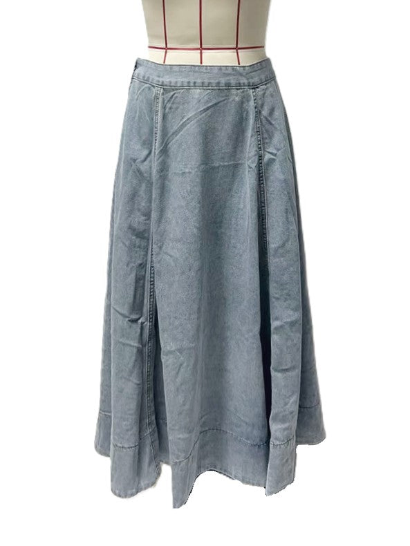 Denim High Waist Flared A-Line Maxi Skirt - Blue - 1