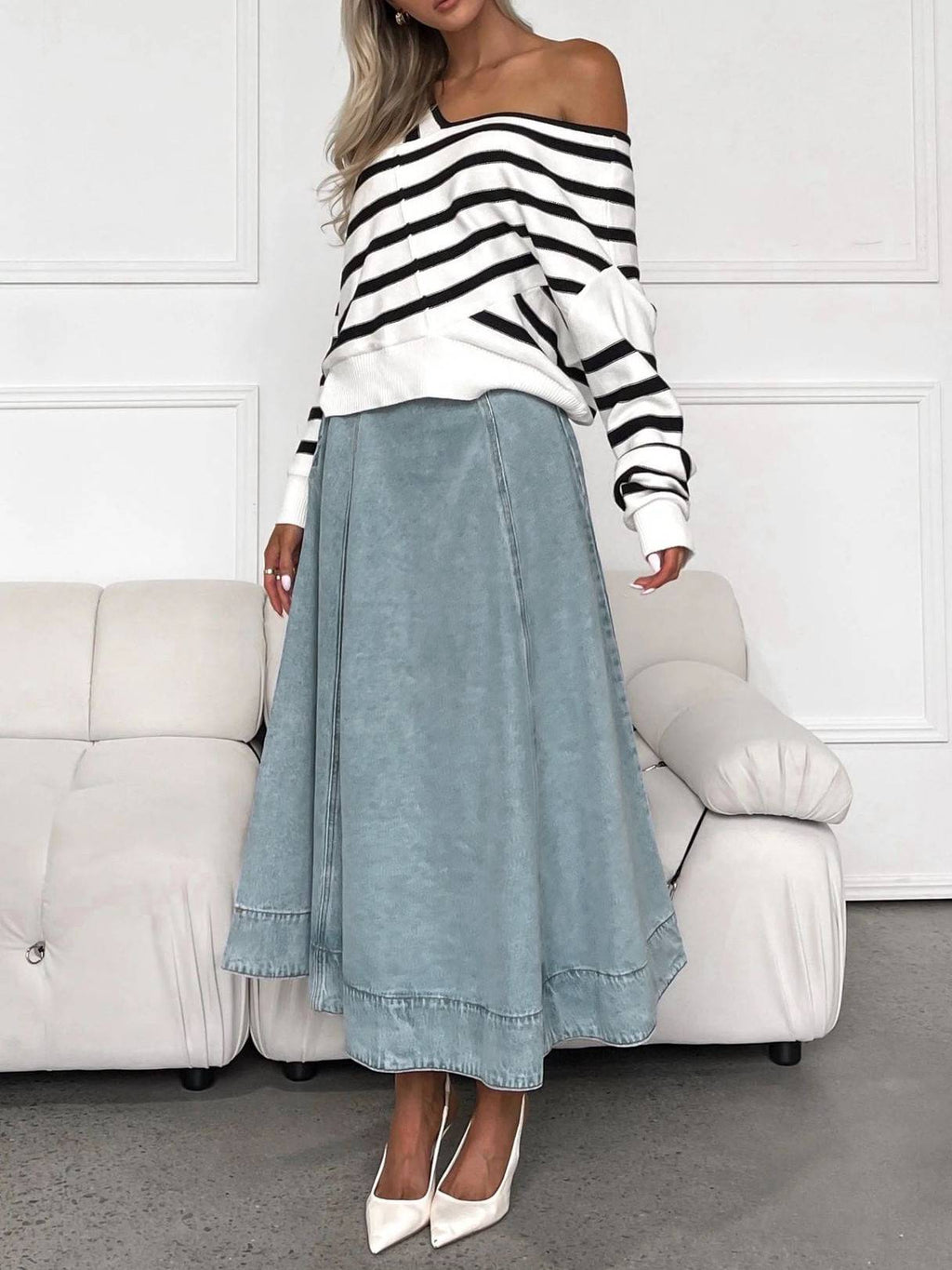 Denim High Waist Flared A-Line Maxi Skirt - Blue - 2