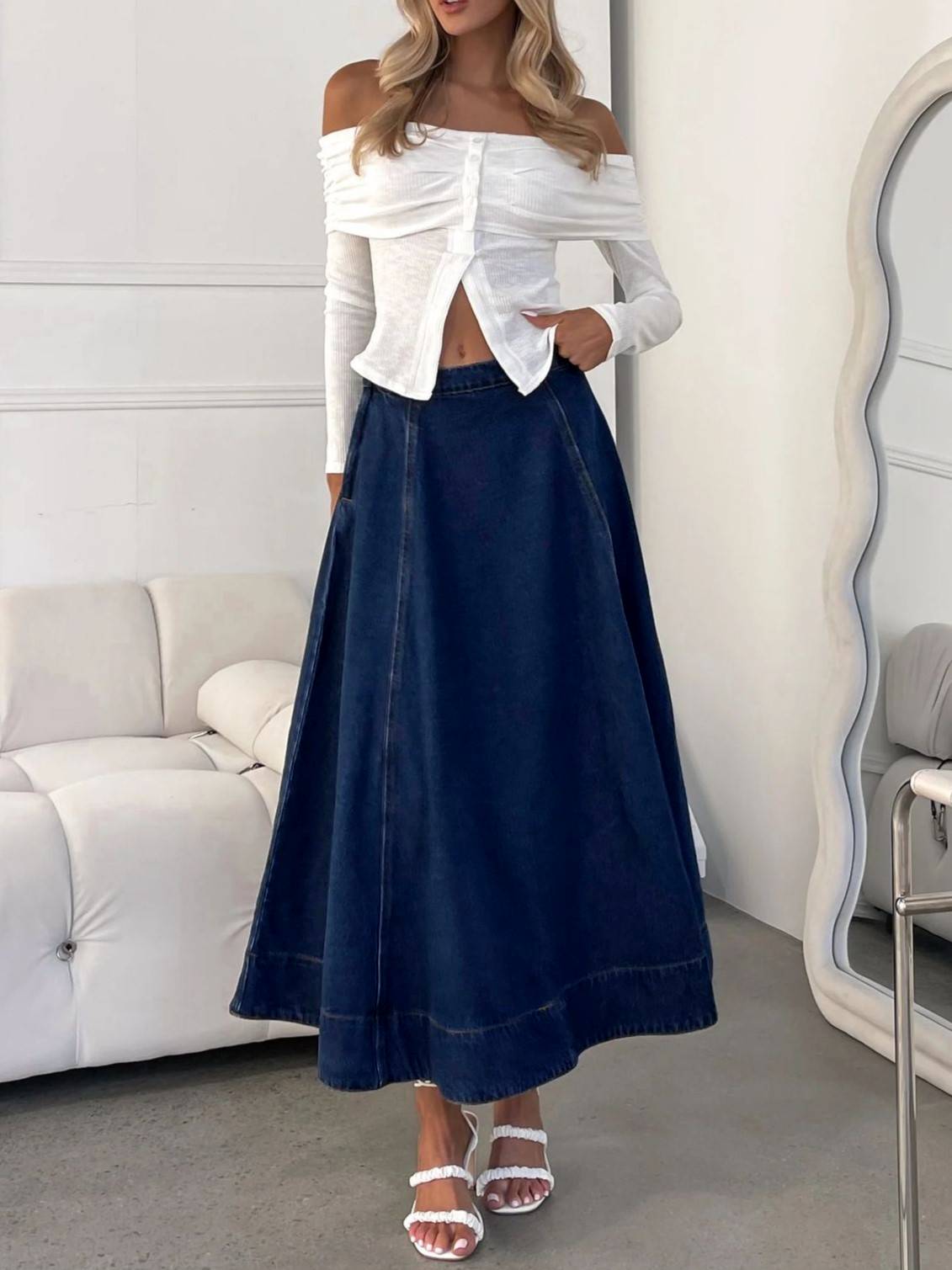 Denim High Waist Flared A-Line Maxi Skirt - DarkBlue