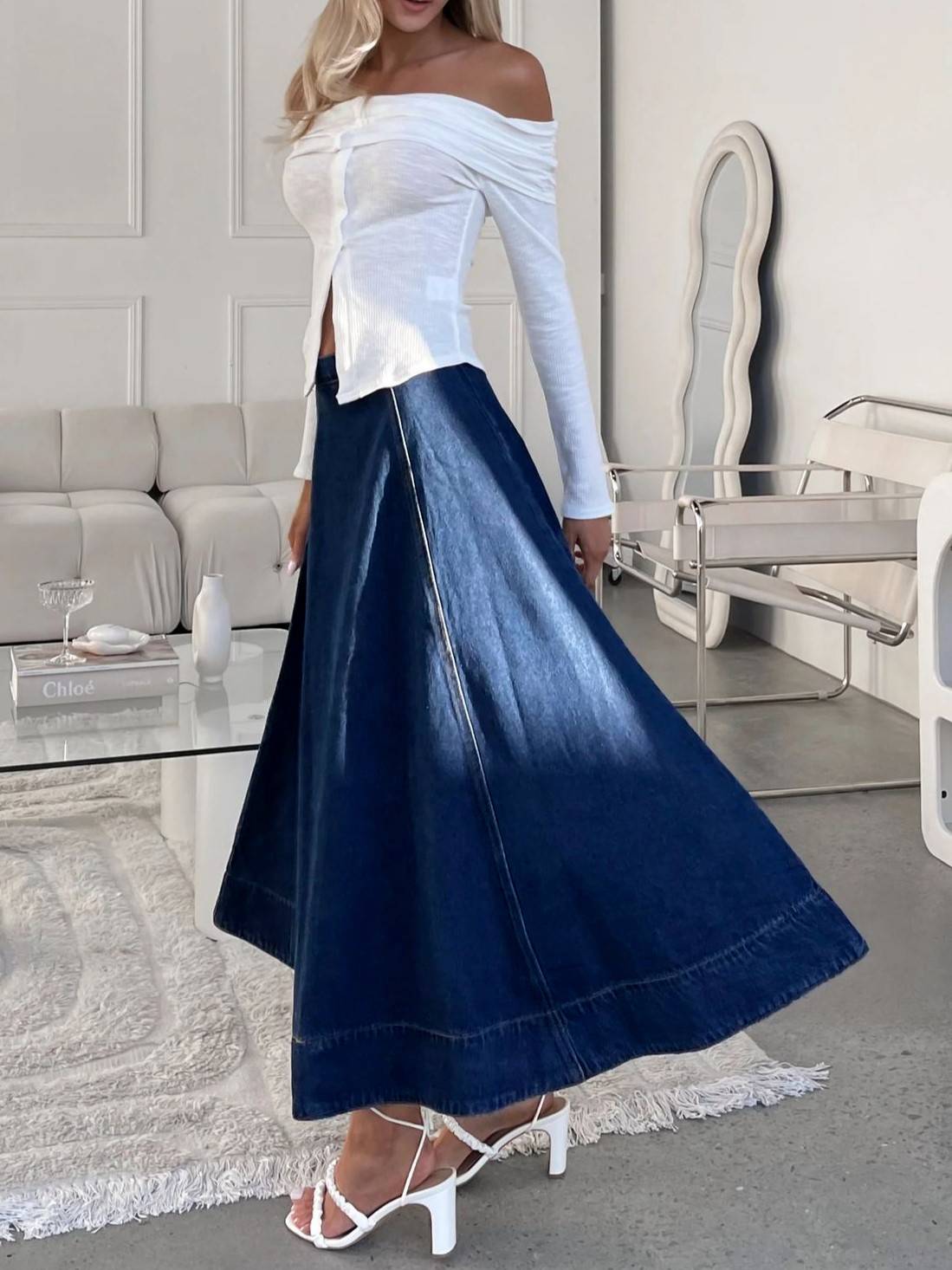Denim High Waist Flared A-Line Maxi Skirt - DarkBlue - 1